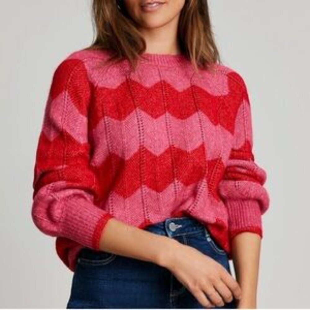 Joules Rianna Scallop Print Sweater Pink and Red Crewneck Size 12 Women's
